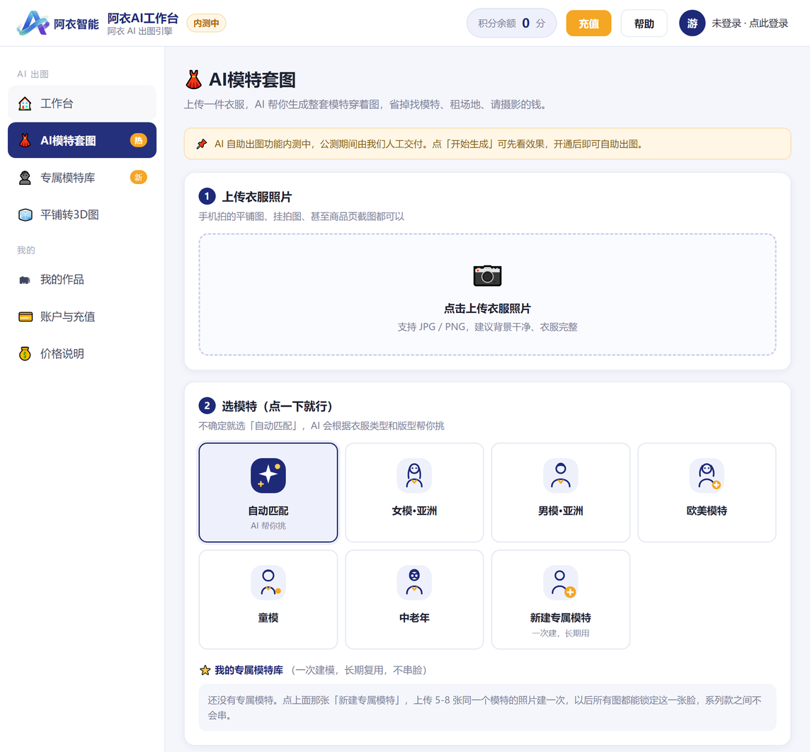 阿衣AI工作台界面：上传服装图，选模特、选角度，一键生成整套模特商拍素材