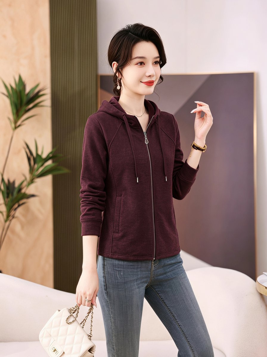 女款酒红抓绒衣 AI 模特侧身